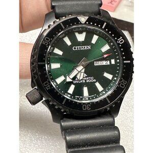 Citizen Automatic Divers 200M Black Watch With Rubber Strap & Green Dial 43.2MM